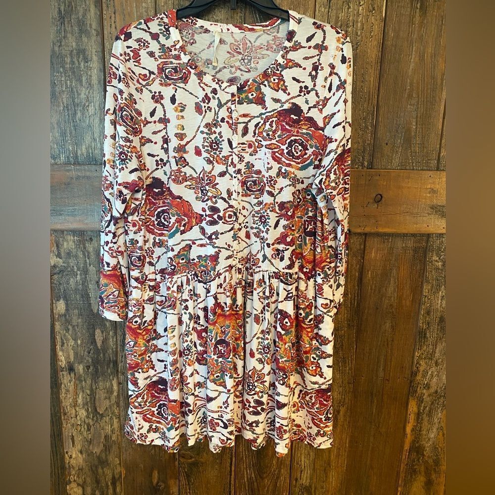 Peruvian Connection Sz M Rust White Multicolor Print BOHO Long Sleeve Dress